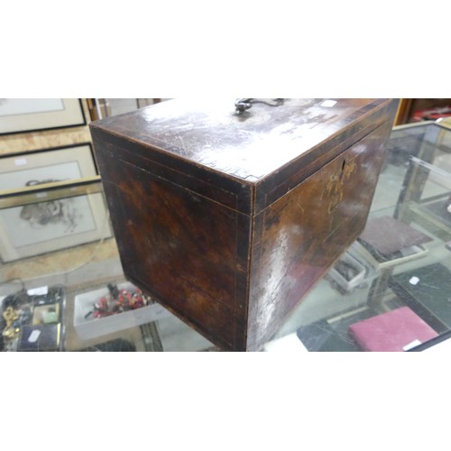 1760 - Inlaid Figured Mahogany Box with Two Division Interior, central brass carrying handle.