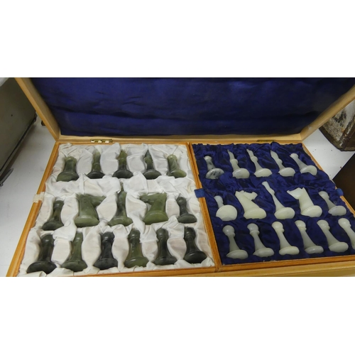 574 - Wooden Chess Board with Jadeite Chess Pieces