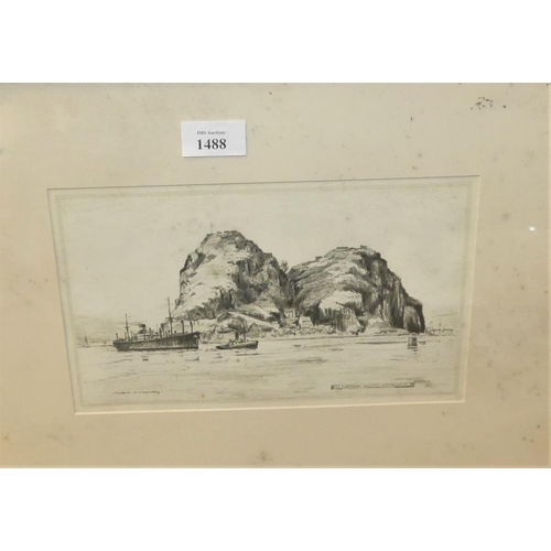 1488 - Framed Pencil Sketch - SS Cortona Passing Dumbarton by Wilfred Applebay - 25cms x 14cms