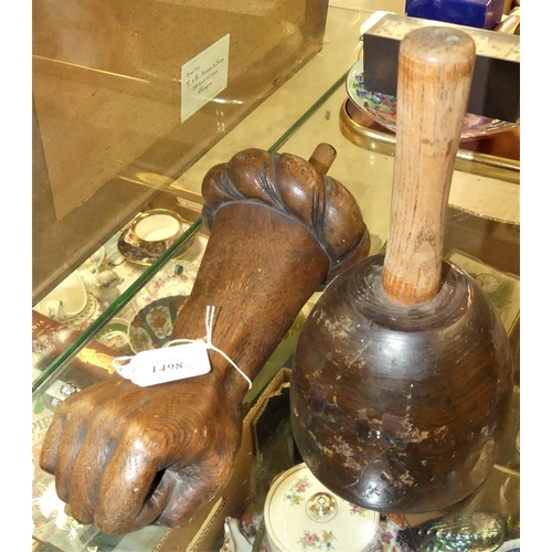 1498 - Wooden Mallet & Carved Wood Hand.