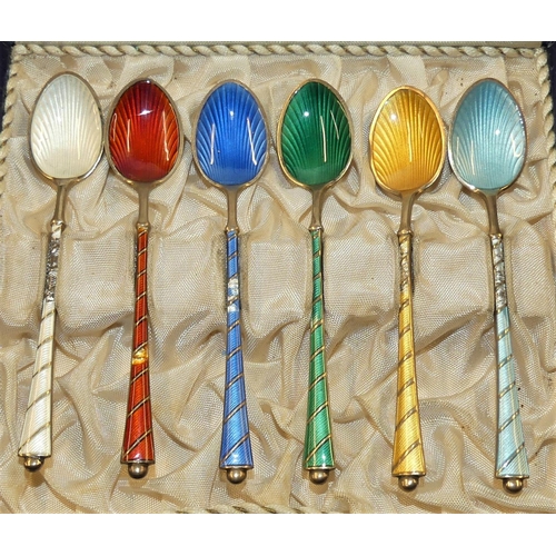 1521 - Cased Set of Danish Silver Enamel Coffee Spoons in Fitted Case.