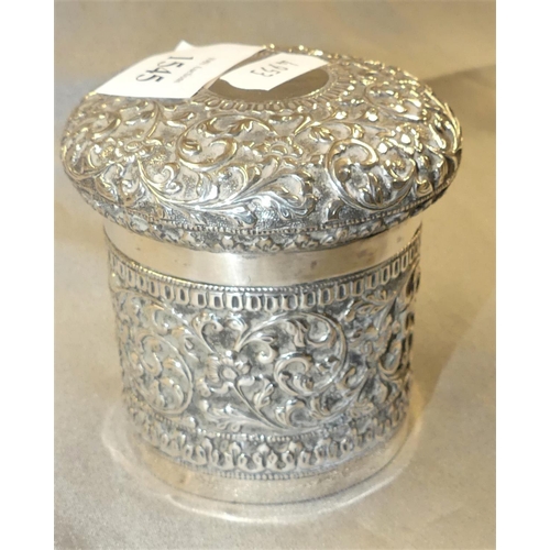 1545 - Late 19th Century Indian Foliate Chased Silver Cylindrical Box & Cover, approx 9cm tall.