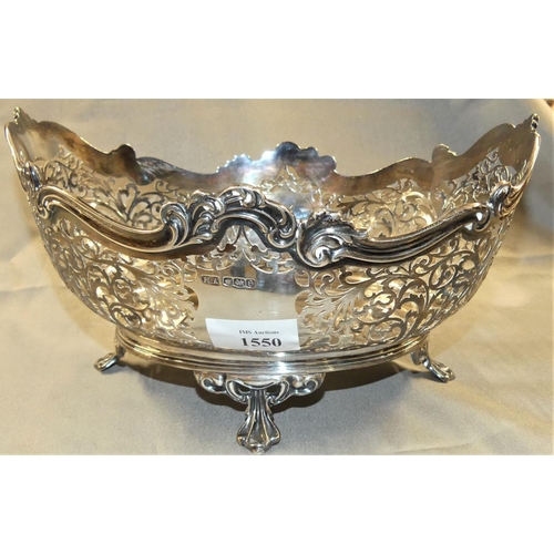 1550 - Sheffield Silver Fruit Basket, Maker Atkin Brothers, The Foliate Pierced Oval Shaped Body with Shiel... 