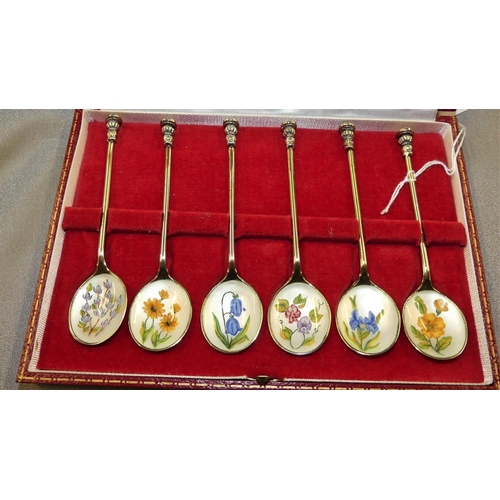 1551 - Set of Six Birmingham Gilded Silver Coffee Spoons in Fitted Case, the Bowls with Floral Enamel Decor... 