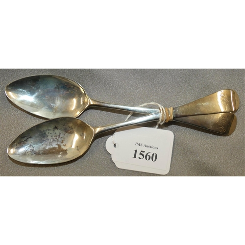 1560 - Pair of Georgian London Silver Spoons, weighing approx 1.6 oz troy.