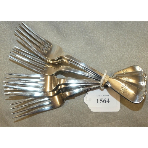 1564 - Seven Victorian London Silver Forks, maker CL, weighing approx 10.9 oz troy.