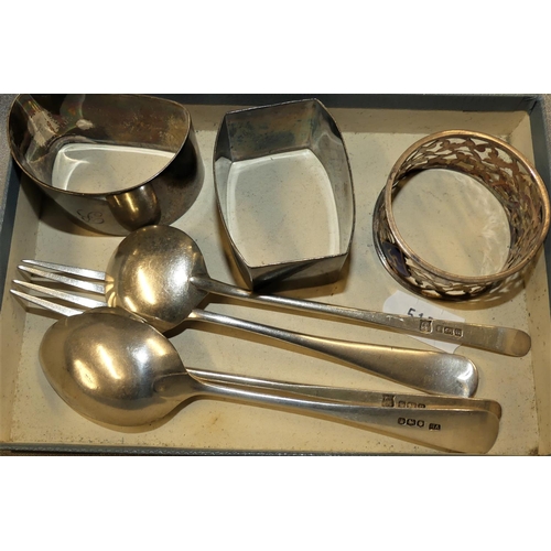 1567 - Small Box of Silver - Napkin Rings, Spoons Forks etc, weighing approx 4.4 oz troy.