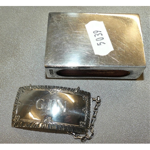 1574 - Sterling Silver Gin Decanter label & Silver Vesta Case, weighing approx 2 oz troy.