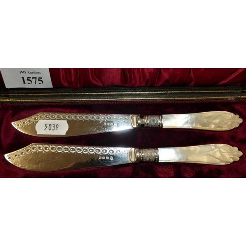 1575 - Pair of Late Victorian EP Butter Knives in Fitted Case.