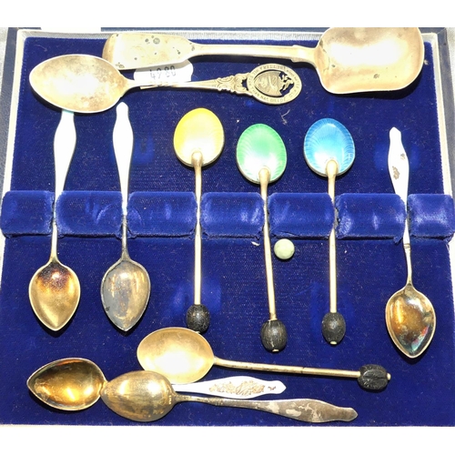 1576 - Box - Odd Silver Enamel Spoons (AF) & Two Odd Silver Spoons.