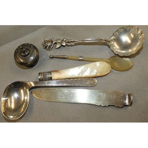 1578 - Odd Silver & White Metal Spoons, Bread Knife (AF), Silver Mounted Horn Tea Spoon etc.