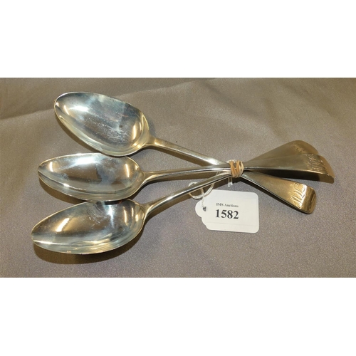 1582 - Three Odd Georgian London Silver Spoons, approx 22cm long, weighing approx 5.4 oz troy.