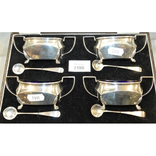 1588 - Birmingham 1927 Silver Condiment Set with Blue Glass Liners in Fitted Case weighing approx 9.5 oz tr... 