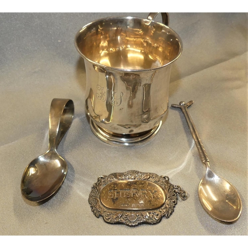 1590 - Scrap Silver Christening Mug, Golf Club Decorated Spoon, Silver Sherry Label & Feeding Spoon, weighi... 