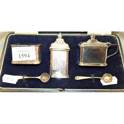 1594 - Mappin & Webb Birmingham Silver Condiment Set With Blue Glass Liners in Fitted Case, weighing approx... 