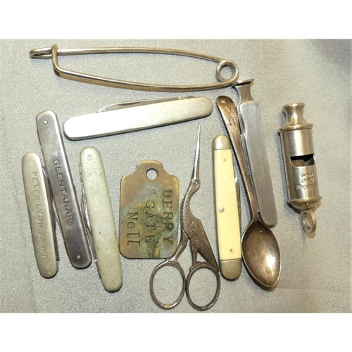 1651 - Box Fruit Knives, ACME Whistle, Pelican Scissors & A Derry Gate Brass Tag