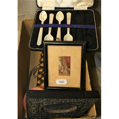 1655 - Box - Ebonised Picture Frames, MOP Spoons & Embroidered Purses