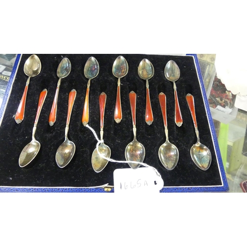 1665A - Set 12 Silver & Red Enamelled Tea Spoons