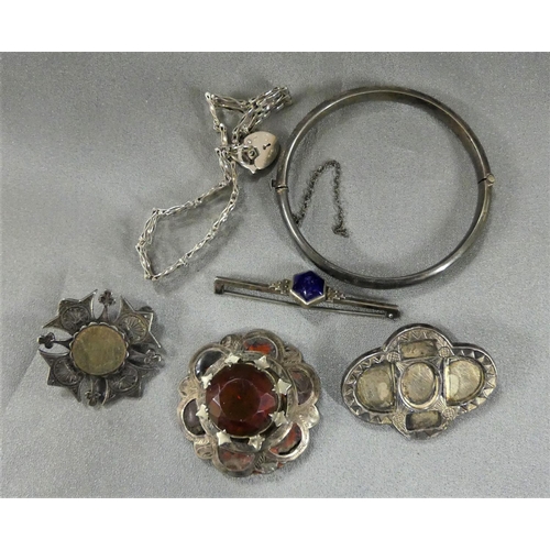 1668 - Silver Scottish Agate Brooches & Bangle - as found