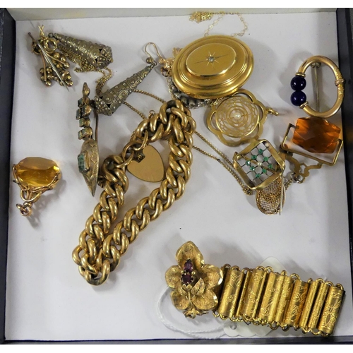 1672 - Box with Metal Brooches, Bracelets, Amber Spinners etc