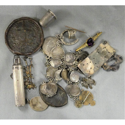 1673 - Box - Coin Belt & Bracelet, Thimbles, Badges etc