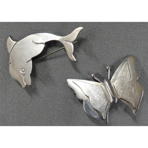 1693 - Butterfly and Dolphin Brooch - White Metal