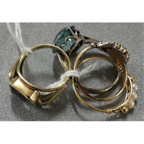 1705 - 4 x Gem Set Rings including Turquoise and Diamond, Blue Zircon etc