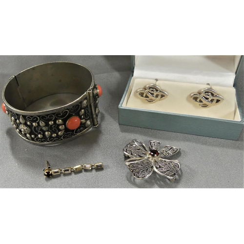 1715 - Box of Silver Celtic Knot Cufflinks, Marcasite Brooch and Bangle