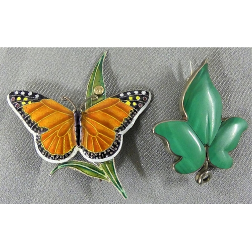 1735 - Enamel Butterfly & Enamelled Clover Leaf Brooches