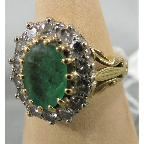 1744 - 18ct Gold Emerald & Diamond Ring, size UK N 1/4, total weight 7.7g, central Emerald measures approx ... 