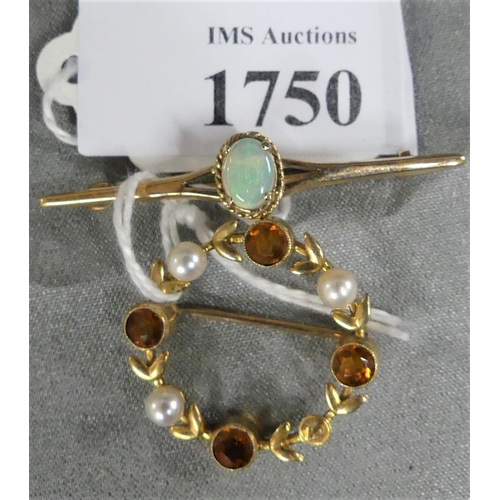 1750 - 9ct Gold Bar Brooch with Opal & Circular Seed pearl Brooch 5.3gm