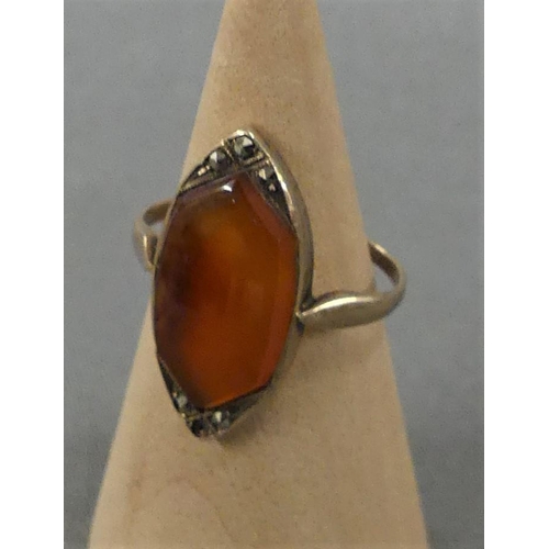 1784 - Art Deco Gold Carnelian Marcasite Ring