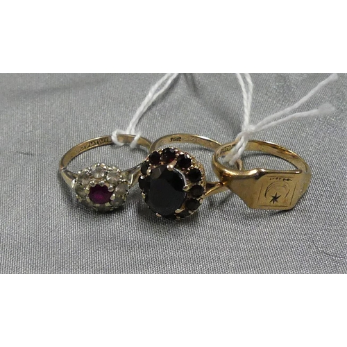 1815 - 9ct Gold Garnet Ring, 9ct Pinkie Ring & 9ct Gold Dress Ring  - total weight 9gms