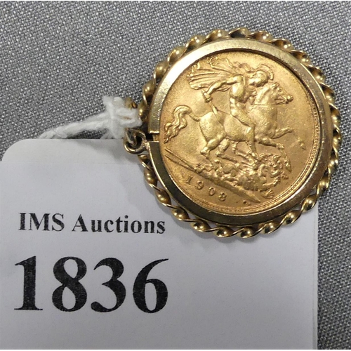 1836 - Gold Mounted 1/2 Sovereign 5.55gms