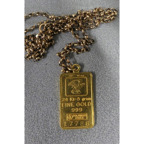 1839 - Columbia Eagle - 5gm Gold Bar on 9ct Chain - Chain weight 2.5gms