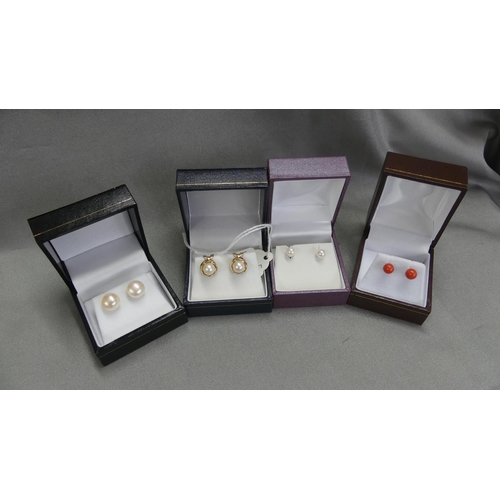 1850 - 4 x Pairs 9ct Gold Earrings, 3 Cultured Peals and 1 x Coral