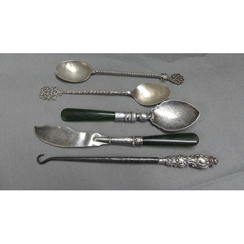 1853 - Silver Nephrite jam Spoon and Butter knife, Button Hook etc