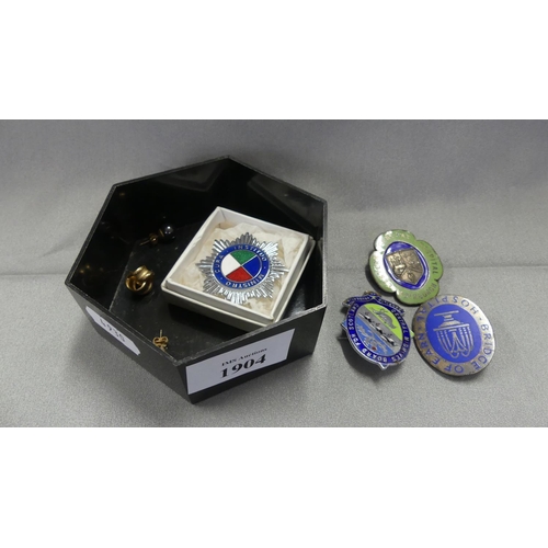 1904 - Box - Four Badges and Pair of Earrings