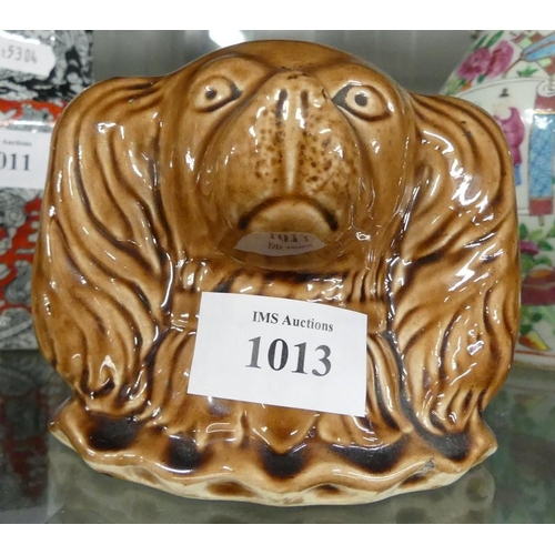 1013 - Antique Glazed Pottery Spaniel Money Bank.