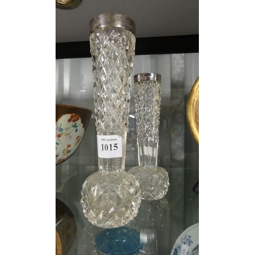 1015 - Two Cut Glass Bud Vases with Silver Collars.