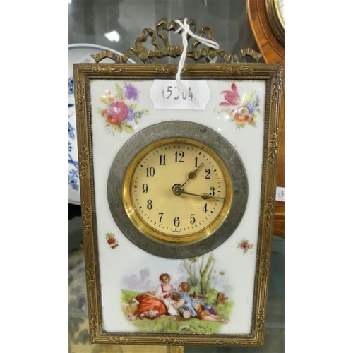 1024 - Antique Porcelain Mantel Clock with decorative brass mounts.