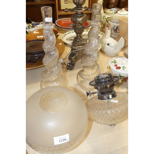 1228 - Pair of Glass Spiral Decanters & a Cut Glass Oil Lamp Font, Burner & Shade.