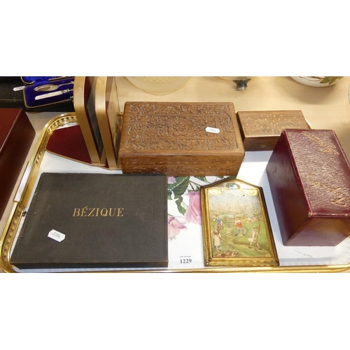 1229 - Tray Lot - Bezique Playing Cards, Bookends etc.