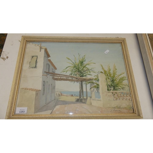 1253 - Framed Watercolour - Mediterranean Coastal Scene by F. Andrada, measures approx 43 x 32cm.