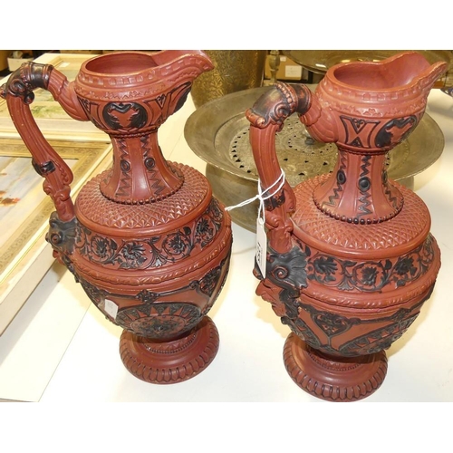 1255 - Pair of Victorian Aesthetic Period Incised Pottery Ewers.