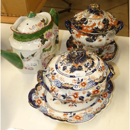 1265 - Victorian Masons Ironstone Teapot, Masons English Imari Sauce Tureen on Stand & One Similar.