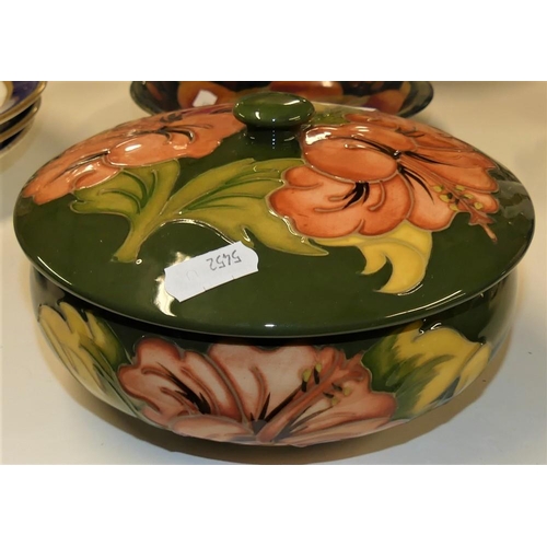 1267 - Moorcroft Pottery Bowl & Cover, Hibiscus Pattern on Green, approx 17cm in diameter.