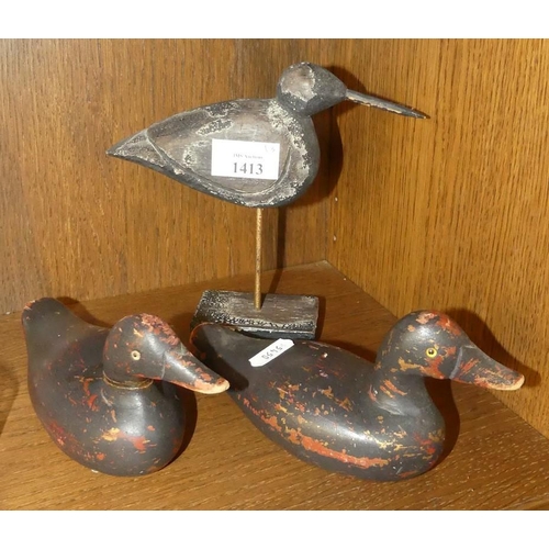 1413 - Three Wooden Ornamental Birds.