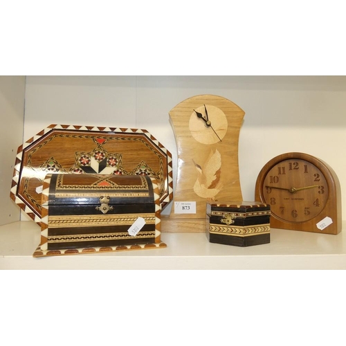 873 - Wooden Clocks, Boxes & Matching Tray.