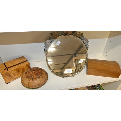 877 - Circular Barbola Mirror & Three Wooden Trinket Boxes.